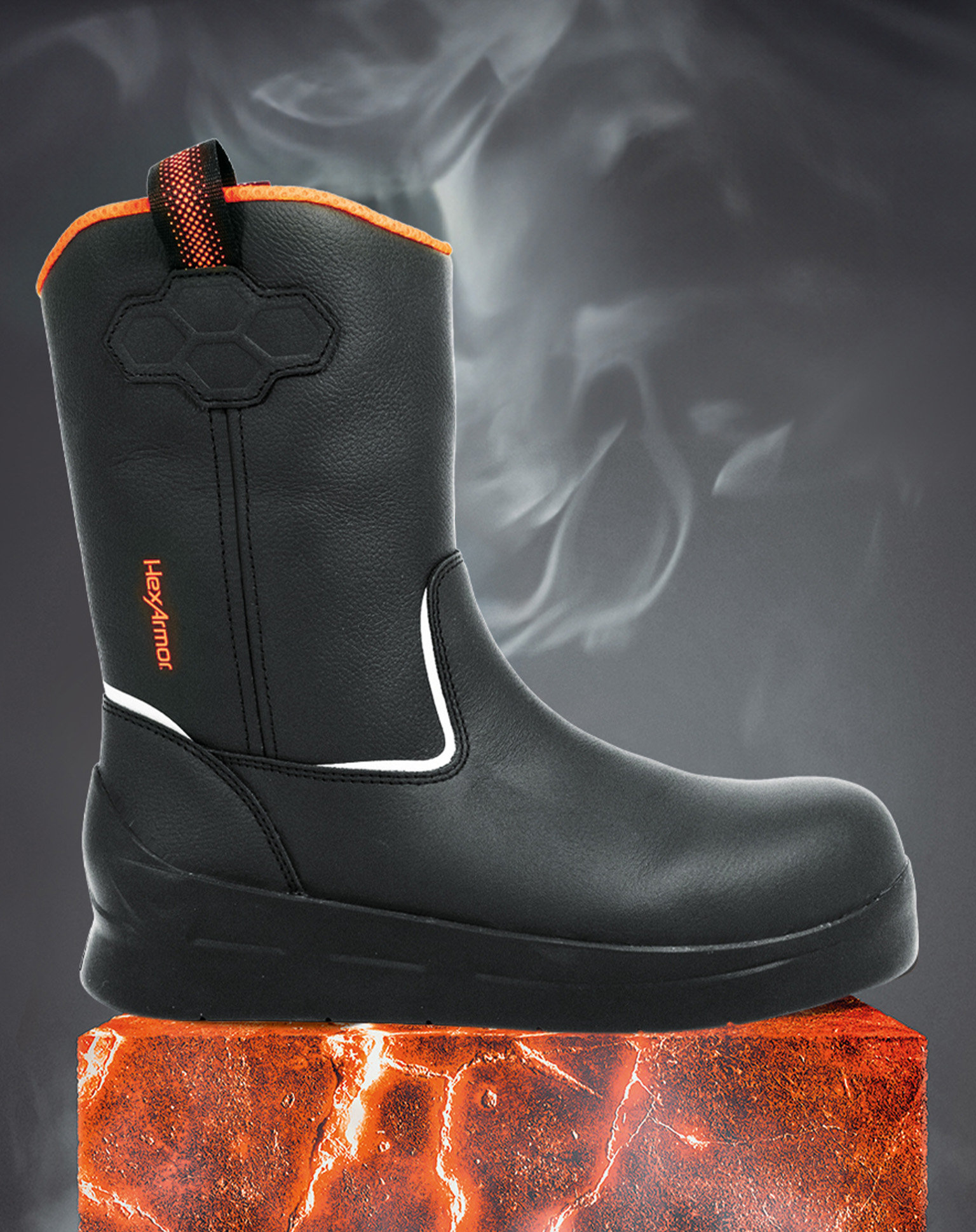 Side view of HexArmor’s asphalt footwear resting on top of sizzling asphalt-like material to showcase heat resistance.