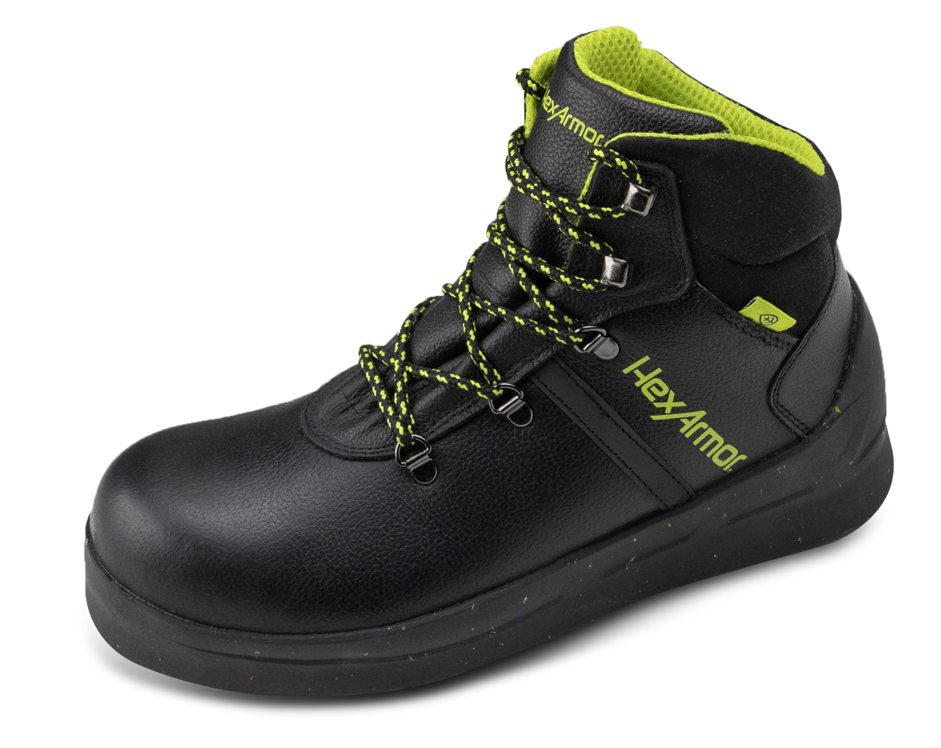 HexArmor’s asphalt-specific construction work boot shown at an angle, highlighting robust features.