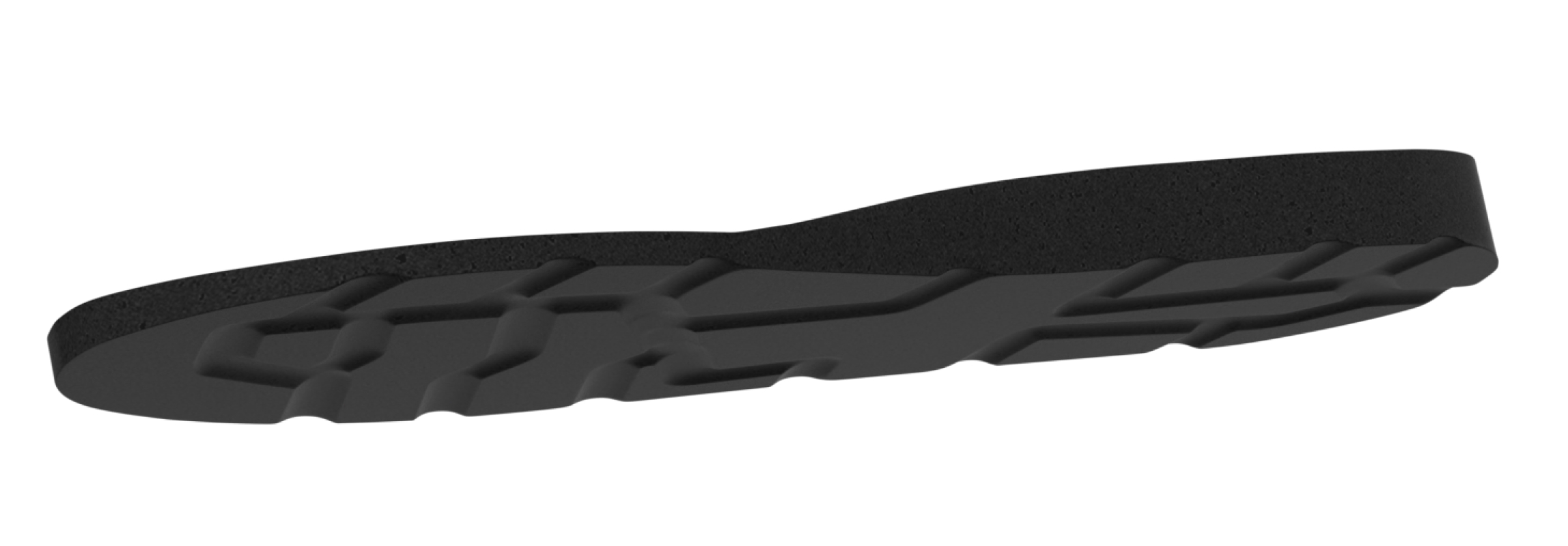 Visual of just the black anti-fatigue PU layer with added air channels in the heel for shock and vibration absorption.