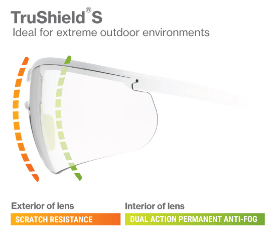 TruShield S lens coatings are ideal for extreme outdoor environments with dual anti-fog protection on the inner lens.