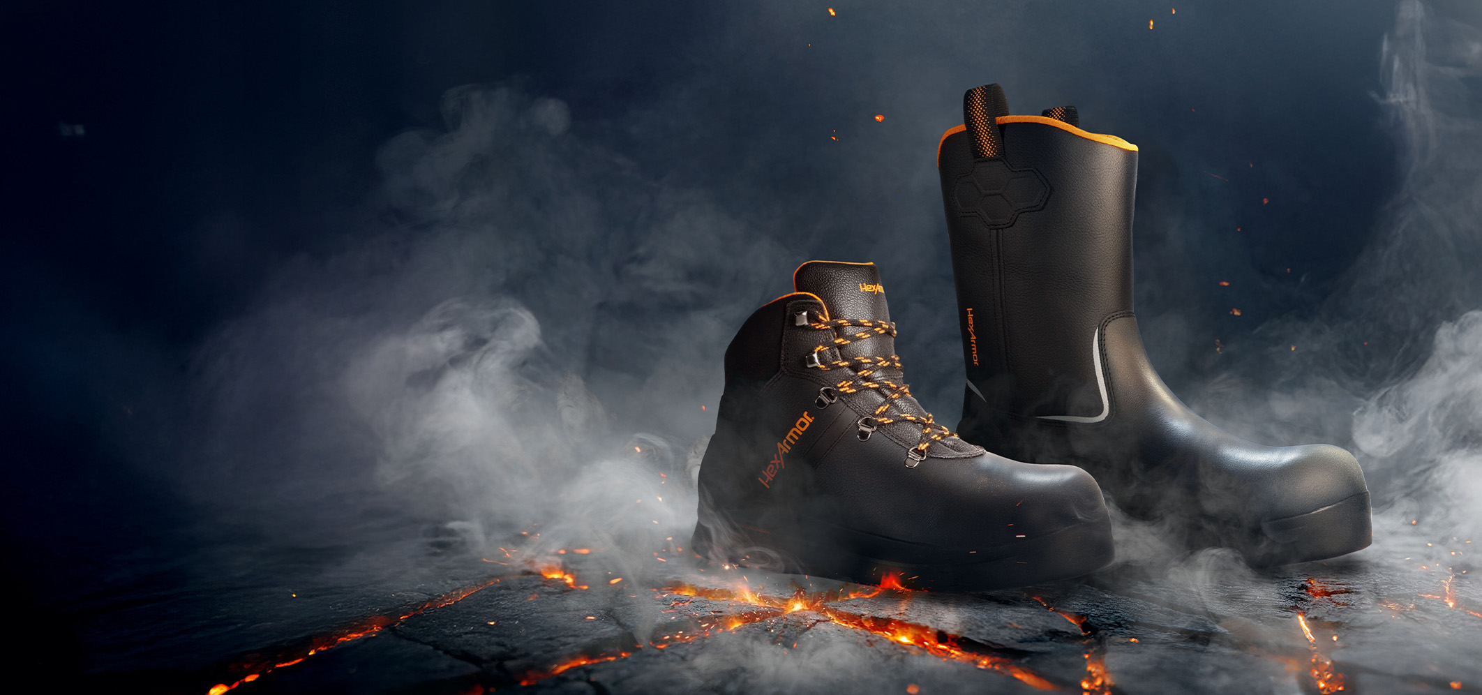 HeatArmor™ safety footwear surrounded by smoke and laying on hot asphalt.