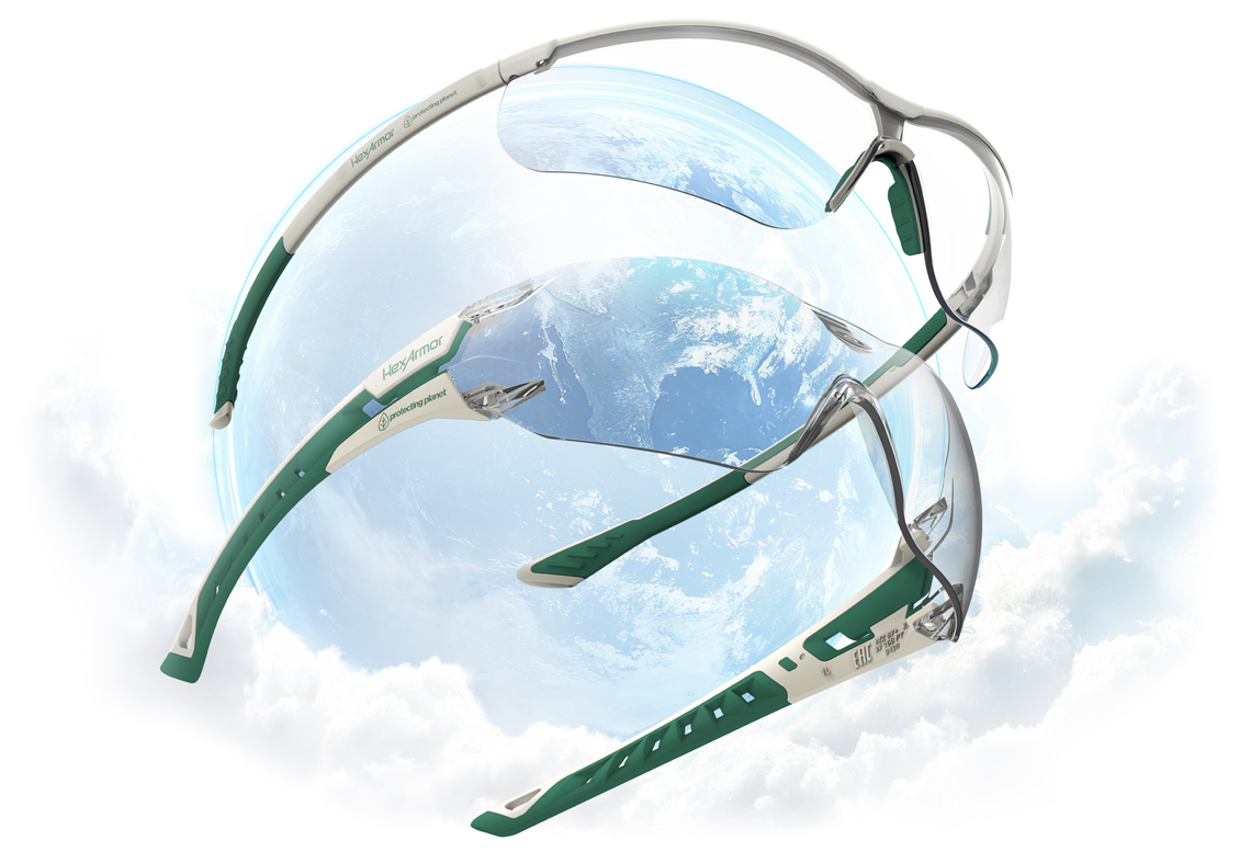 HexArmor's Planet Series Eyewear floating in clouds.